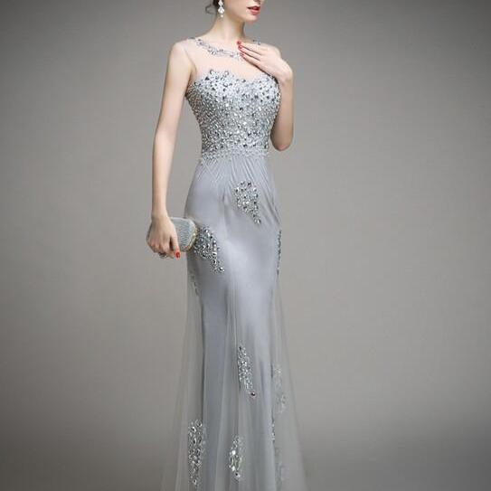 Heavy Hand Made Beaded Fit Silver Evening Gowns Tulle Overlay Long Formal Dress Evening Women
