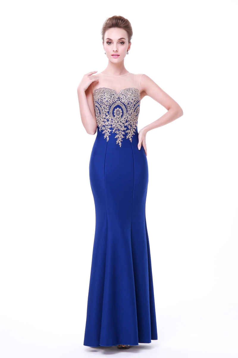 Satin Evening Dress Royal Blue Apliques Party Gowns Floor Length ...
