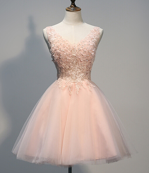 Pink Lace Appliqué Tulle Homecoming Dress Featuring Plunge V Neckline ...